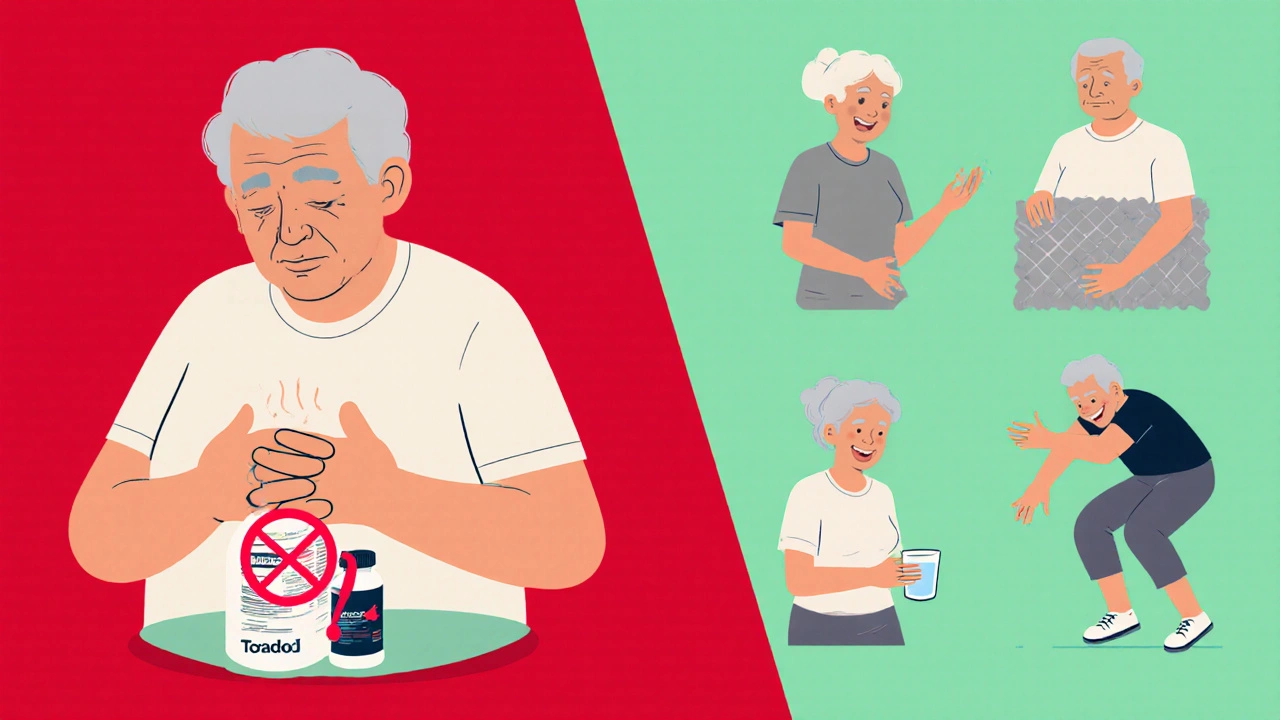 An older adult comparing risky Toradol use on one side to safe alternatives like heat therapy and medication on the other.