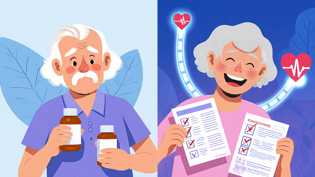Before and after scene: one pill vs. many bottles with a health checklist turning into a path.
