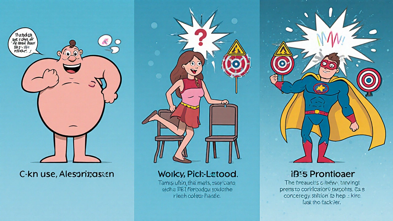 Cartoon comparison of alpha-blockers, with tamsulosin safely targeting prostate.