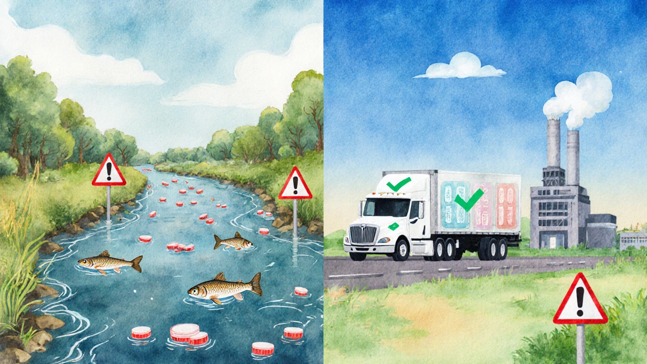 Contrasting polluted river with clean medication incineration process