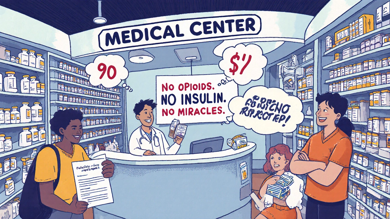 Cruise medical center with tiny shelves of basic meds and a large sign saying &#039;NO OPIOIDS. NO INSULIN. NO MIRACLES.&#039;