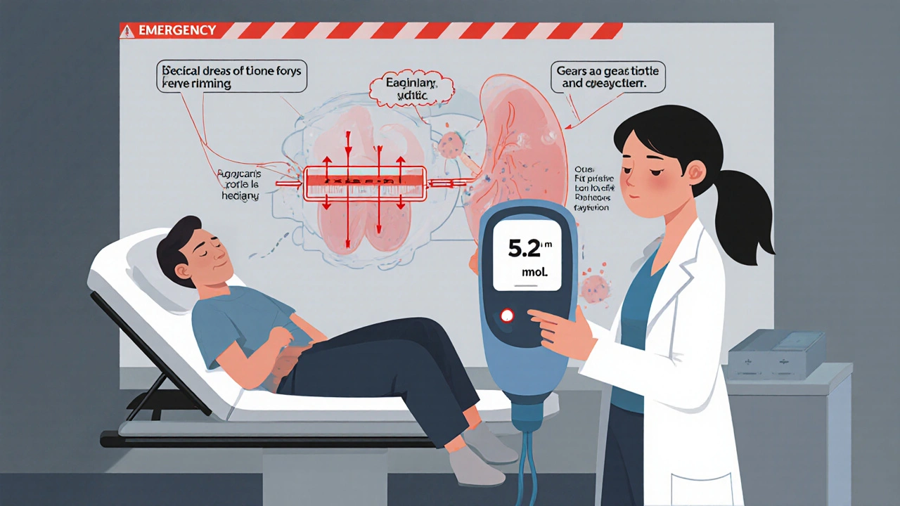 Doctor reading high blood ketones in ER as patient shows signs of DKA, with diagram showing drug mechanism.