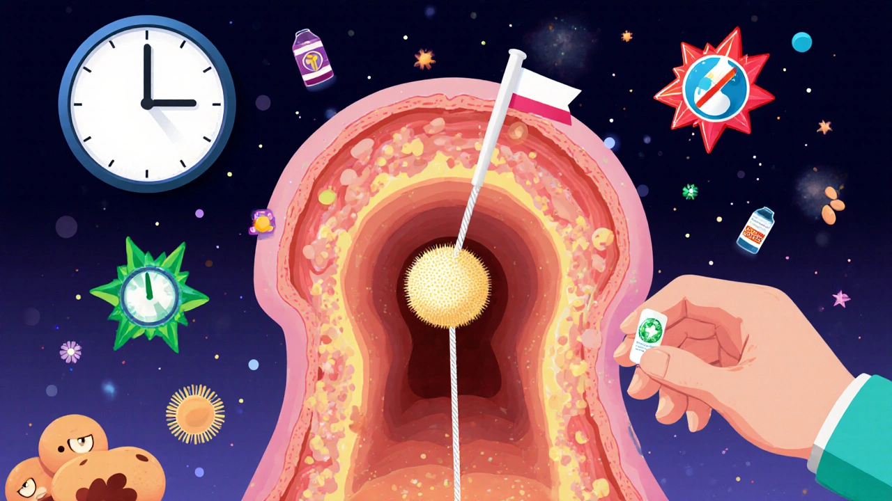 Ear canal with wick and floating antibiotic drops in medical cartoon style