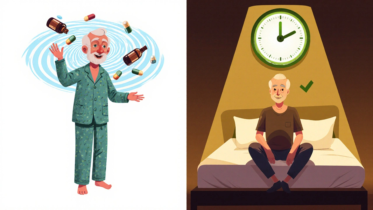 Elderly man sitting safely on bed edge, avoiding dizziness with proper timing.