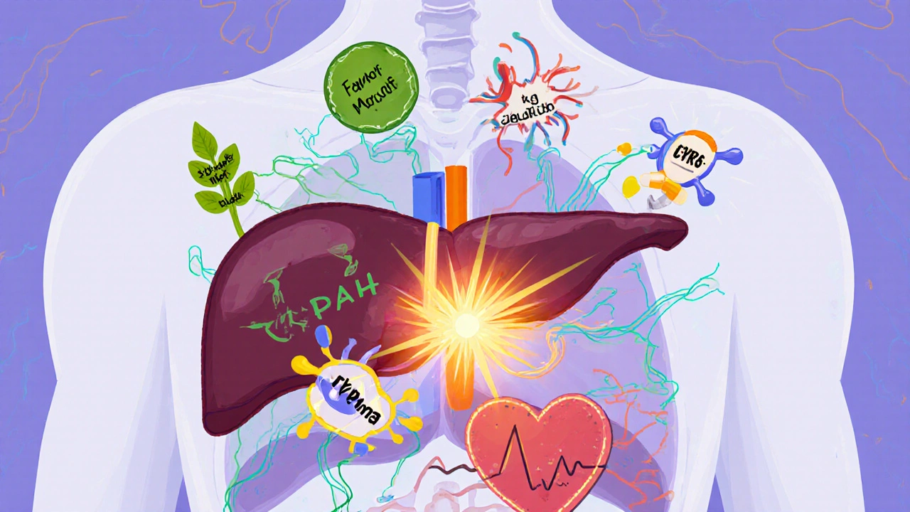 Human body schematic showing liver enzymes disrupting antidepressants and statins with glowing warning symbols.