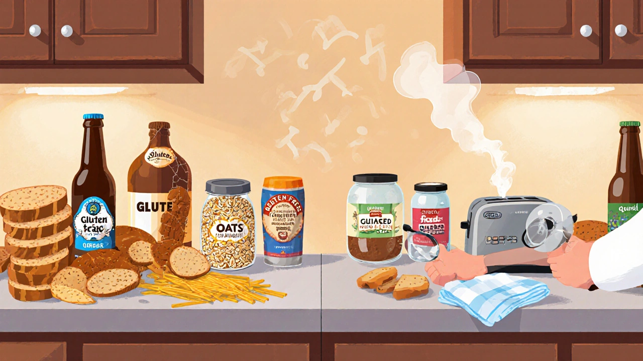 Kitchen with gluten and gluten-free sides, person reading food label with magnifying glass.