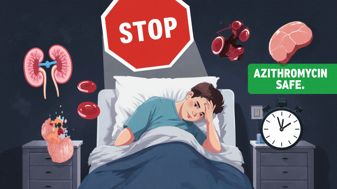 Patient collapsing in ER with icons of organ failure and a warning sign over dangerous drug combo.