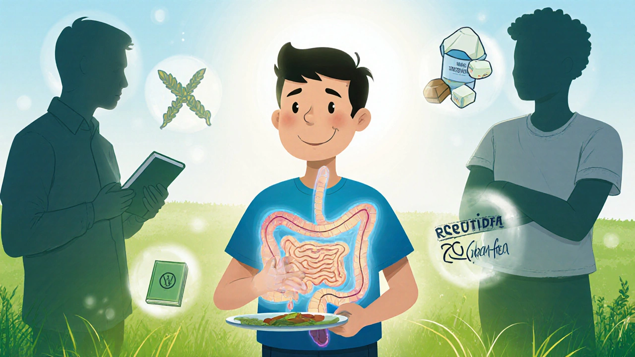 Person with clear skin in sunlit field, healing gut overlay, gluten-free food and support symbols.