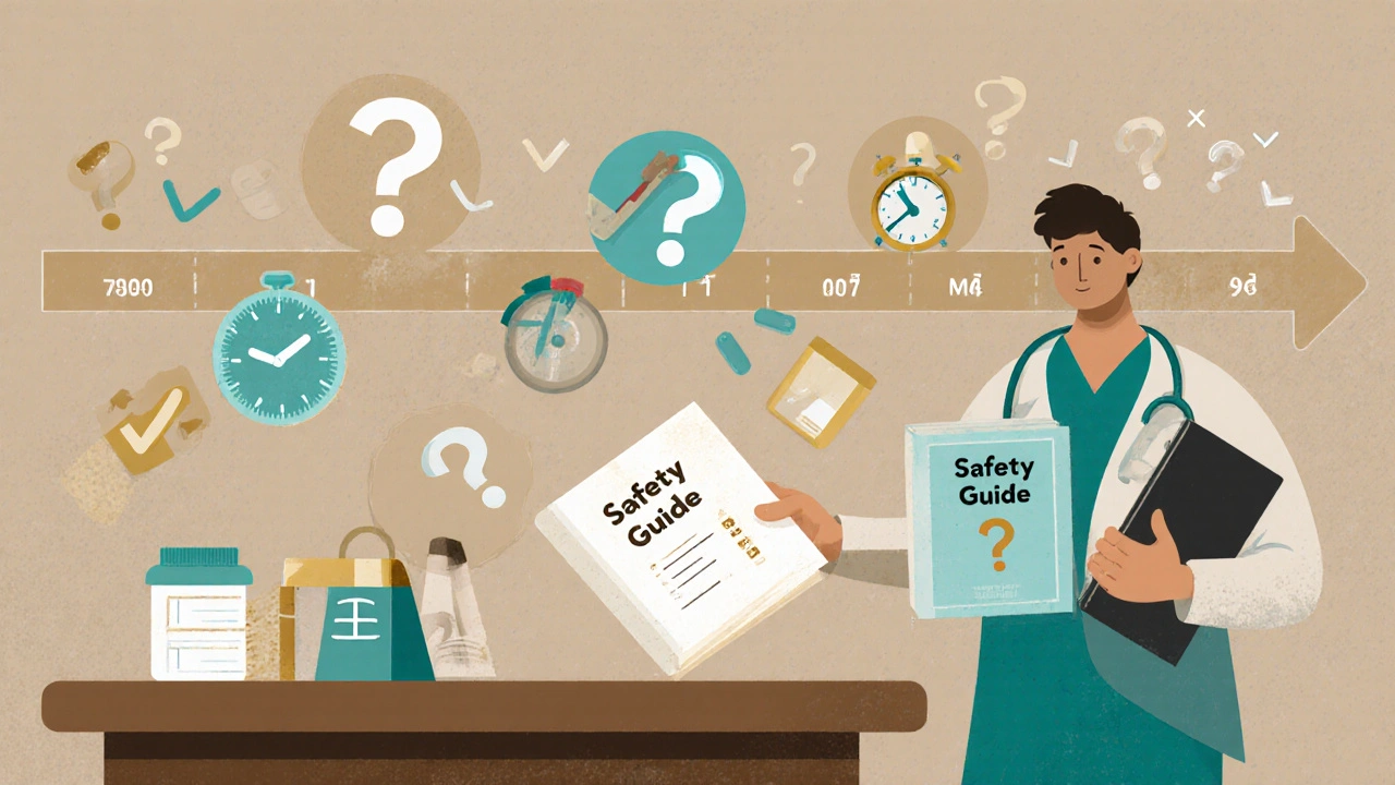 Pharmacist giving a safety guide book instead of medication, floating reminders around