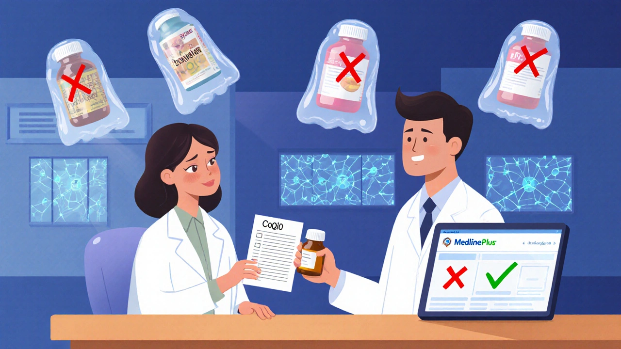 Pharmacist handing medication to patient as floating supplement icons with red X&#039;s hover behind them, with a safety checklist visible.