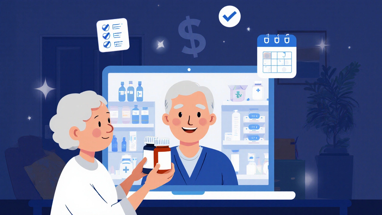 Senior on video call holding pill bottles while pharmacist appears on screen, icons floating nearby.