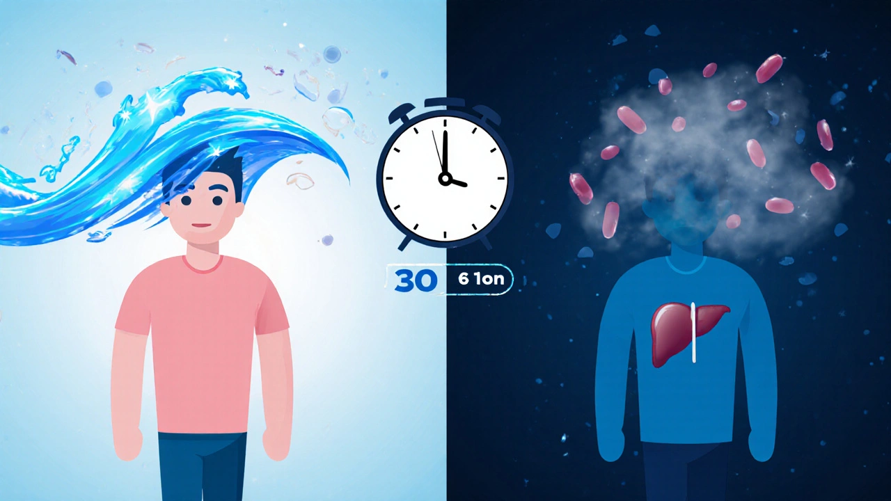 Split illustration comparing fast ticagrelor action versus slow clopidogrel metabolism.