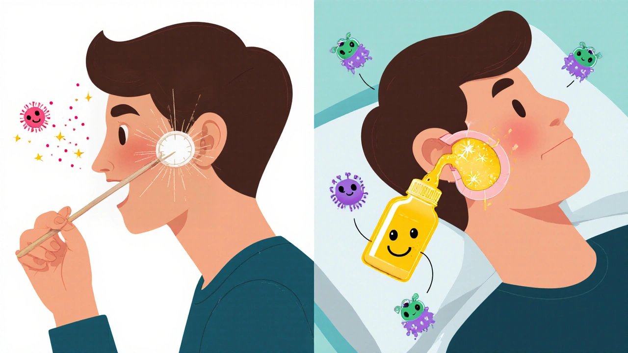 Split illustration: wrong ear cleaning vs correct use of medicated drops