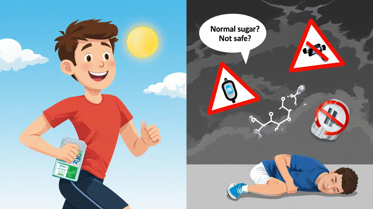 Split image: healthy person with medication vs. same person collapsed during illness, warning icons floating around.