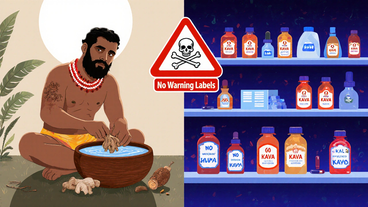 Traditional water-based kava preparation vs. commercial alcohol-extracted supplements in a split illustration.