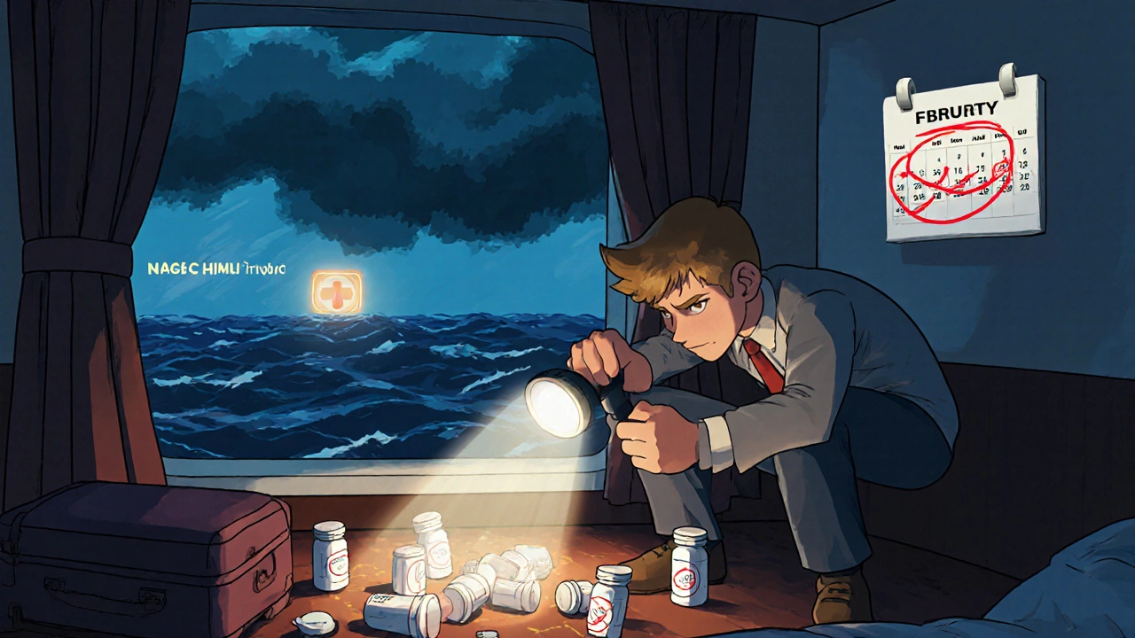 Traveler unpacking labeled prescription bottles at night on a cruise ship cabin floor, stormy sea visible through window.