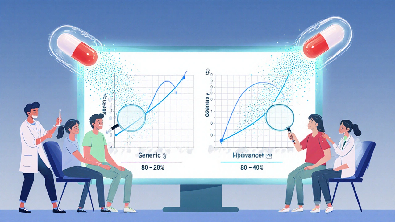 Volunteers in a lab with floating pills and data curves contained within an 80-125% boundary box.