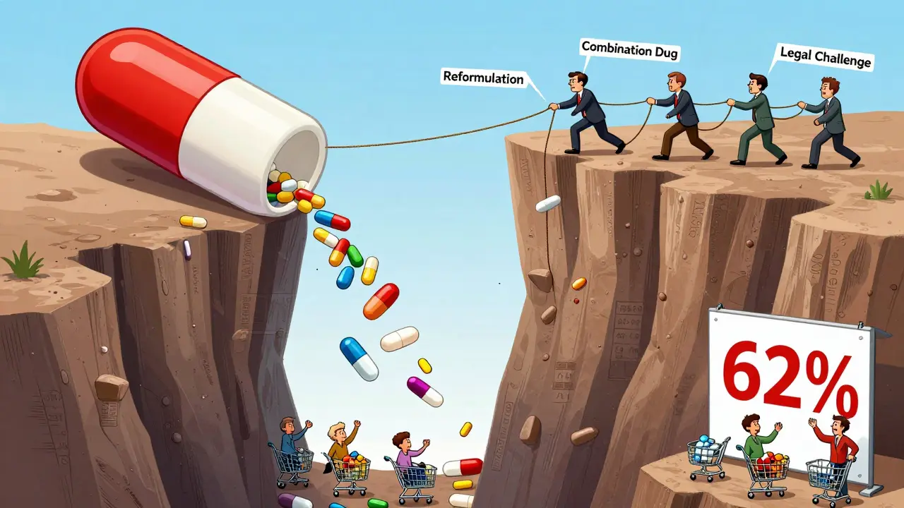 A brand-name drug falling off a cliff into a valley of generics as companies try to delay the fall.