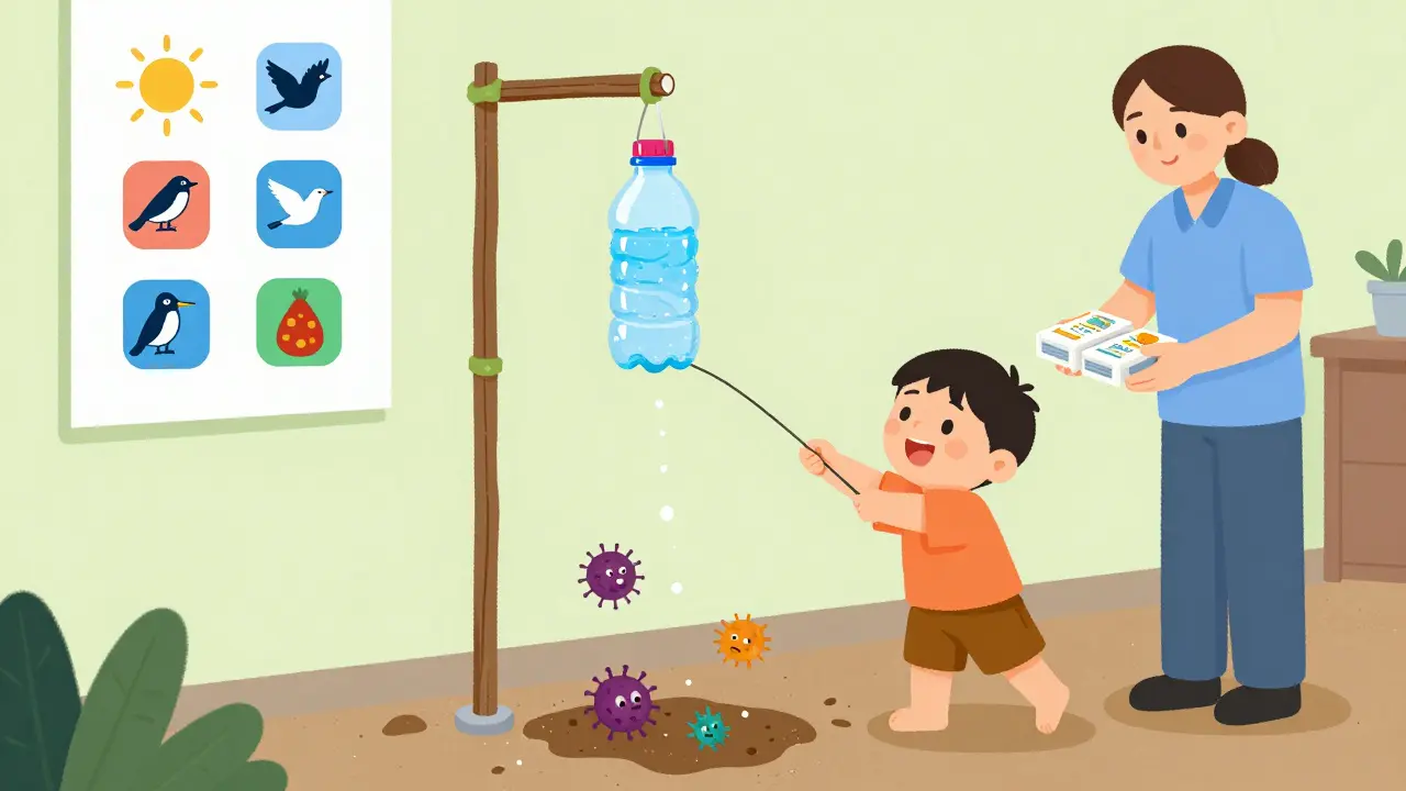 A child using a tippy tap handwashing station, germs fleeing, with a poster showing proper technique.
