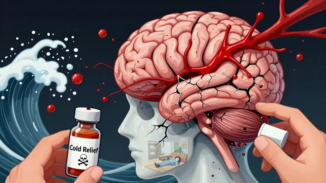 A cracked brain bleeds violently as norepinephrine molecules surge, with a toxic cold medicine bottle nearby.
