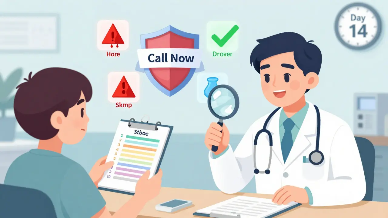 A doctor and patient reviewing a detailed symptom log, with emergency warnings blocked by a shield in a cartoon-style medical consultation.