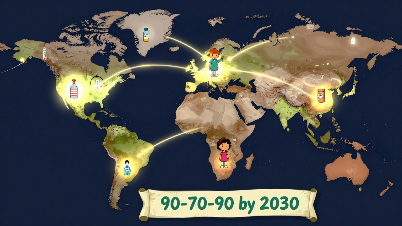 A global map showing progress in HPV vaccination and screening, with glowing pathways toward equity.