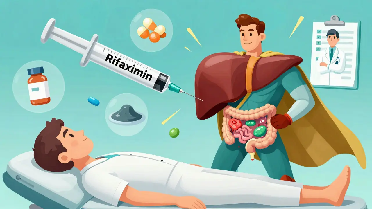 A heroic liver character fighting ammonia bacteria in the gut with medication and health tools.