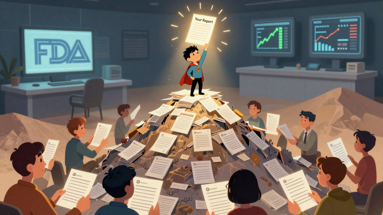 A lone figure representing a report rising as a beacon among thousands of submissions, guiding safety teams to detect patterns.