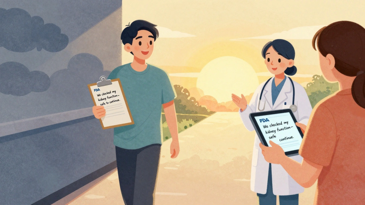 A patient leaves a clinic smiling, holding an FDA alert and a note confirming their medication is safe to continue.