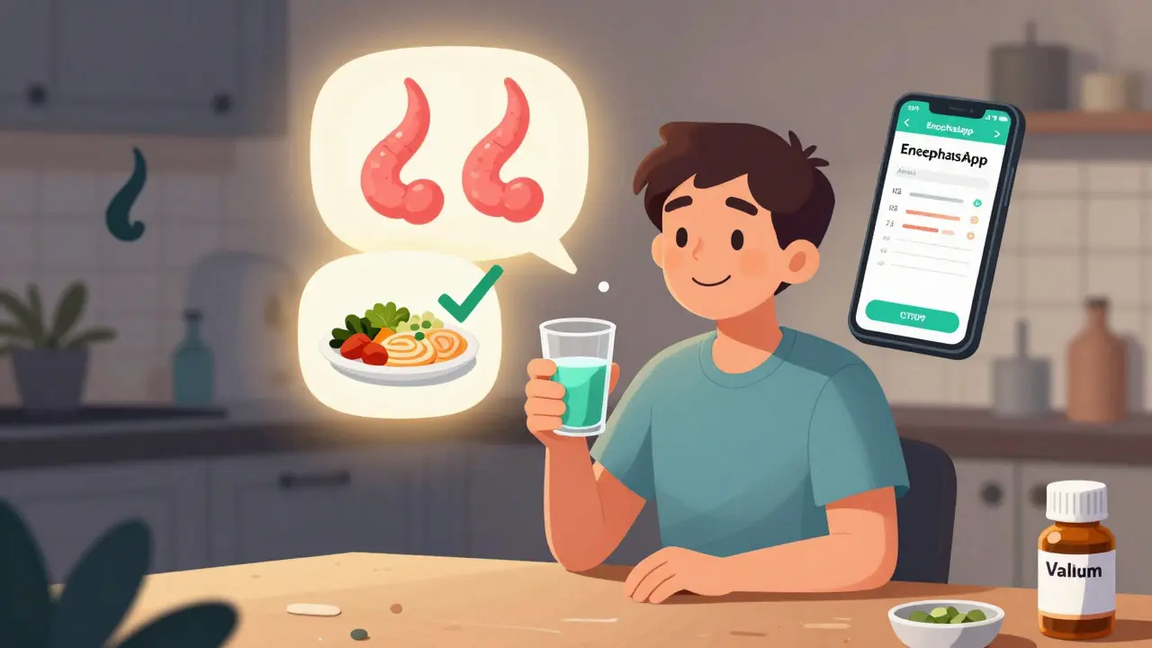 A patient taking lactulose with positive health icons floating above, including a smartphone app.