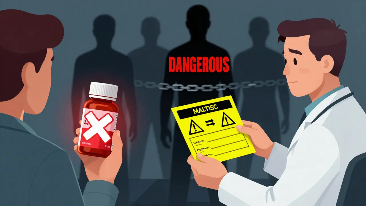 A person receives an MAOI safety alert card while dangerous decongestants are marked with red X symbols.