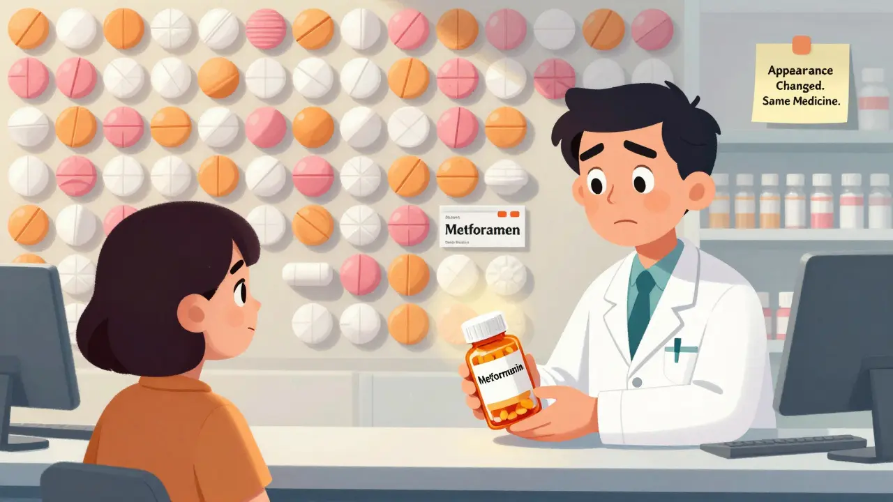 A pharmacy counter with a wall of generic pills in many colors and shapes, a pharmacist handing a patient a bottle with a change notice.