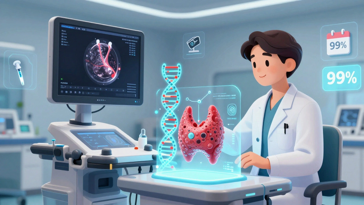 A radiologist using AI holographic technology to analyze a thyroid nodule with genetic risk data.
