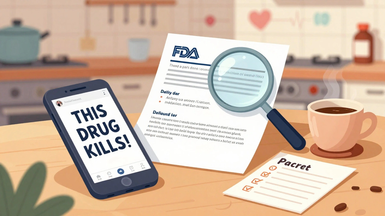 A smartphone with a scary social media post next to a printed FDA alert and a medication list on a kitchen counter.