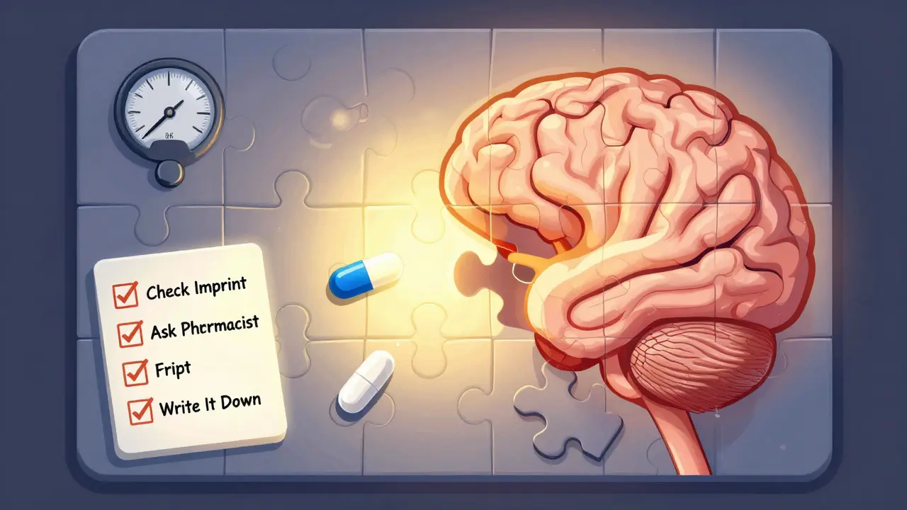 A surreal mind puzzle with missing pill pieces causing health risks, solved by checklist actions to ensure medication adherence.