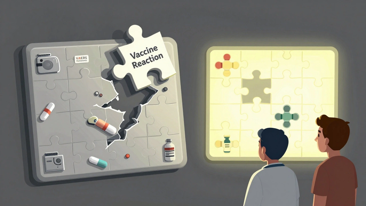 A vaccine reaction piece wrongly placed in a drug safety puzzle, while the correct vaccine puzzle glows with proper fits.