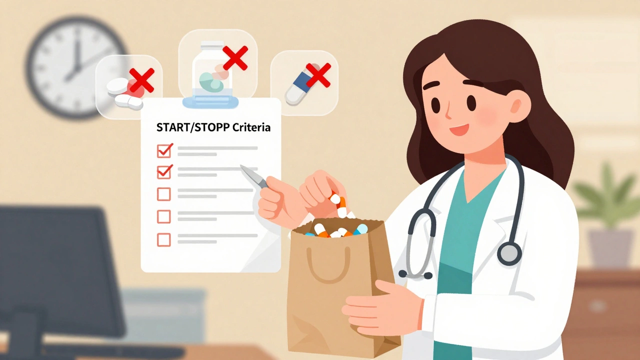 A woman and doctor reviewing medications in a brown bag, with risky drugs being removed.