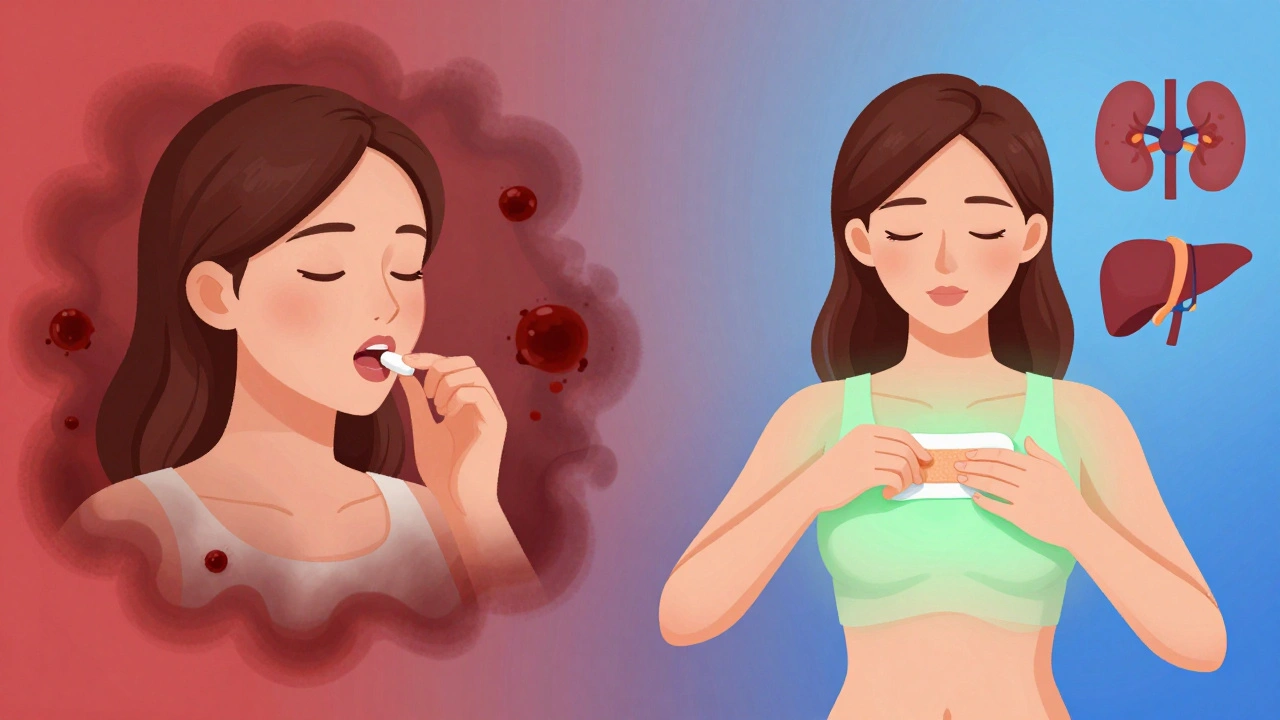 A woman comparing oral estrogen pills to a patch, with symbolic blood clots and healing light.