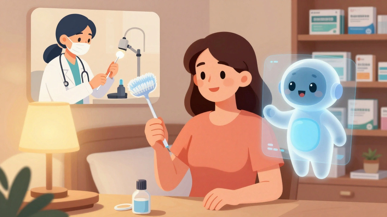 A woman using a home HPV test kit with a friendly AI assistant nearby, symbolizing accessible screening.