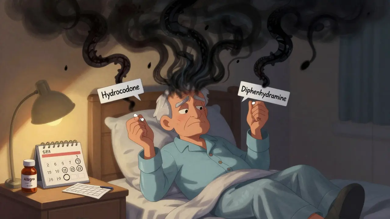 An elderly man holding opioid and antihistamine pills as dark clouds rise above him, with a safe alternative ignored on the nightstand.