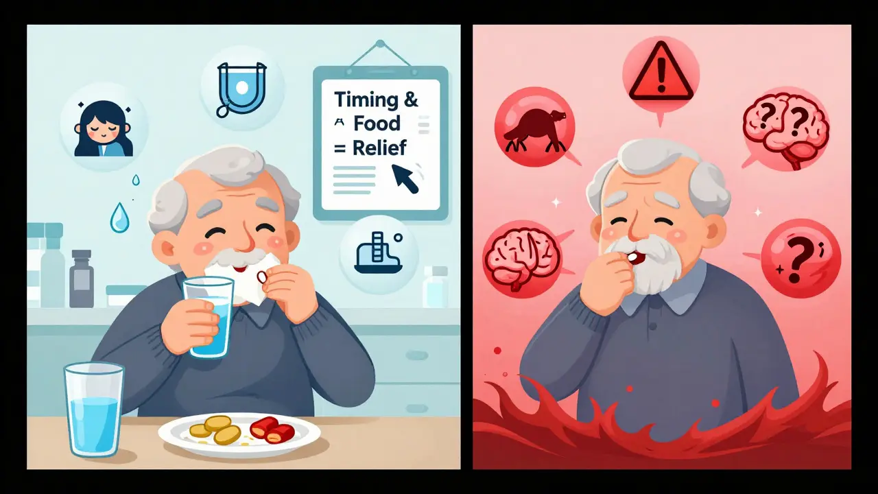 An elderly patient managing medication side effects with food, water, and gum, contrasted with unmanaged symptoms in a split cartoon illustration.