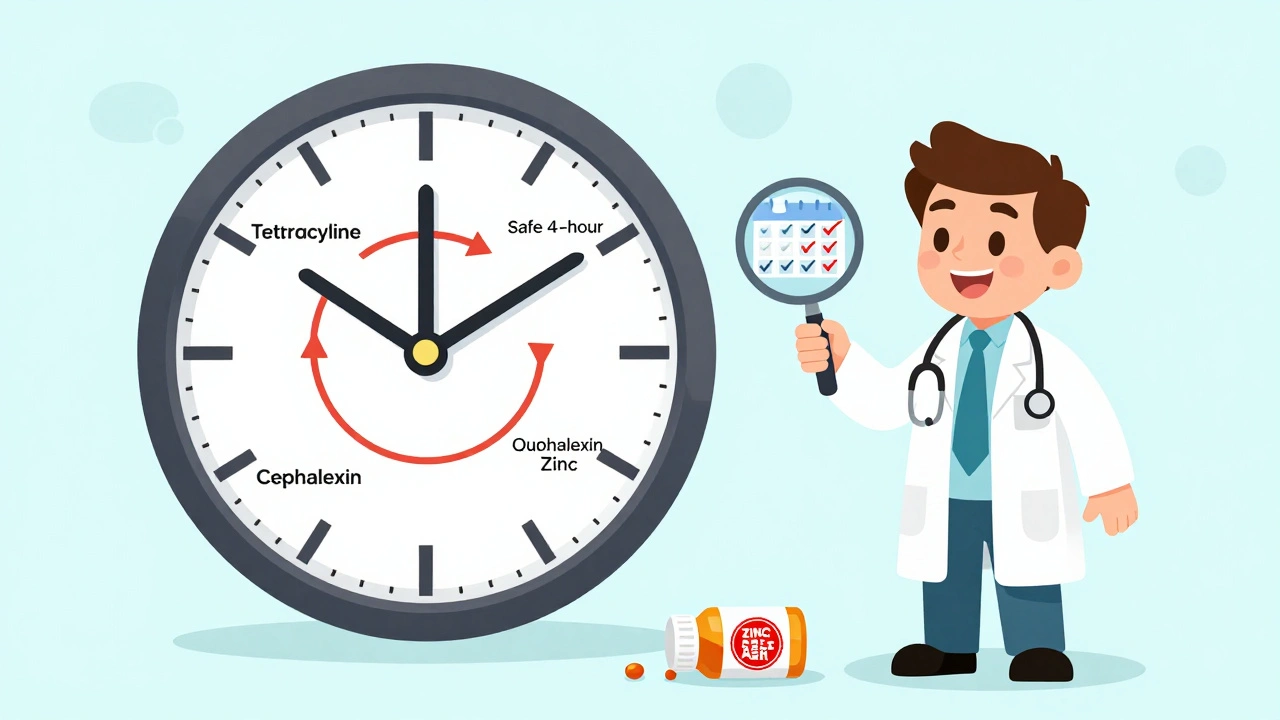 Colorful clock diagram with timed gaps between antibiotic and zinc doses.