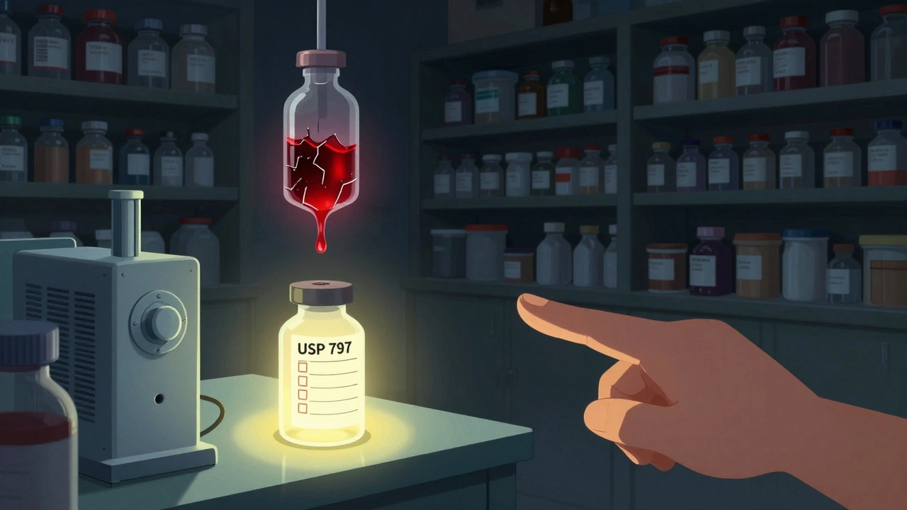 Contrast between unsafe compounding practices and a certified, sterile pharmacy environment.