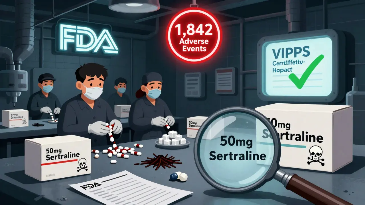 Dark cartoon factory producing counterfeit pills with dangerous fillers, magnified lab results showing incorrect dosage.