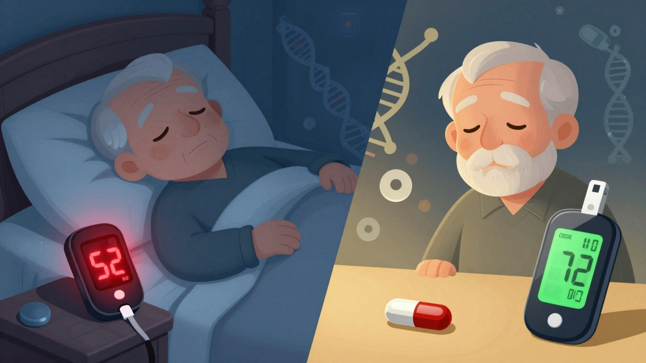 Elderly patient with glipizide pill and stable CGM reading, contrasting dangerous low blood sugar.
