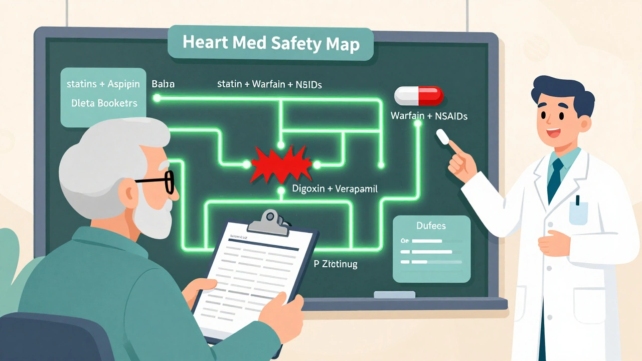 Elderly person with medication list beside a safety map showing safe and risky heart drug combos.