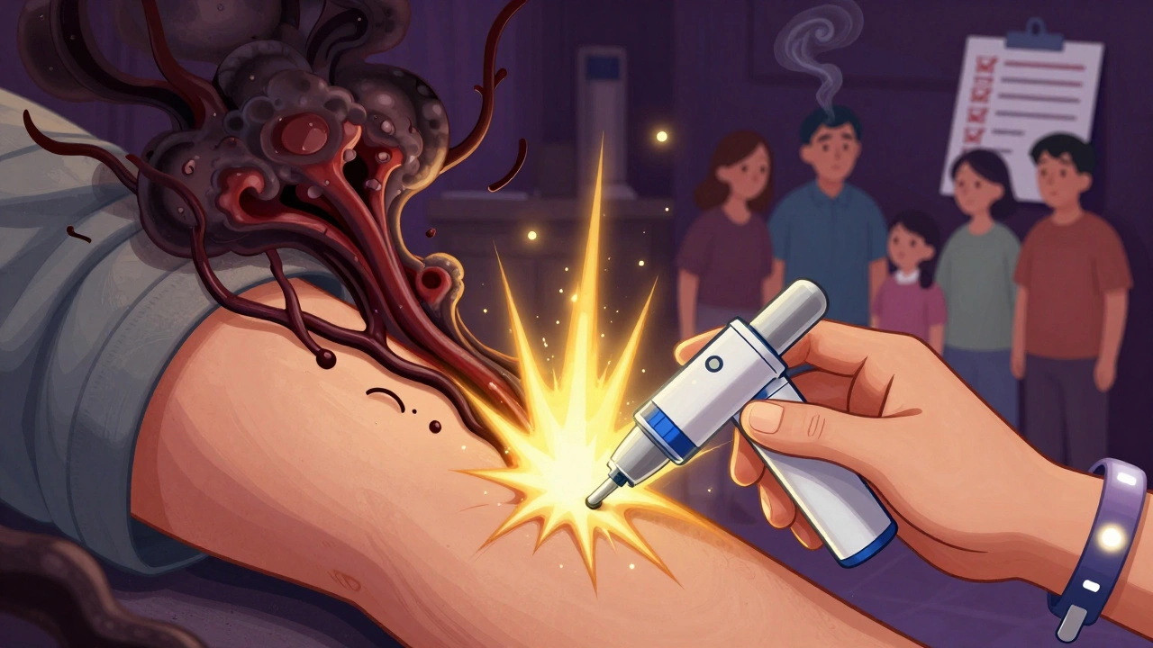 Epinephrine injector releasing golden energy to counteract dark poison in veins, medical bracelet glowing nearby.