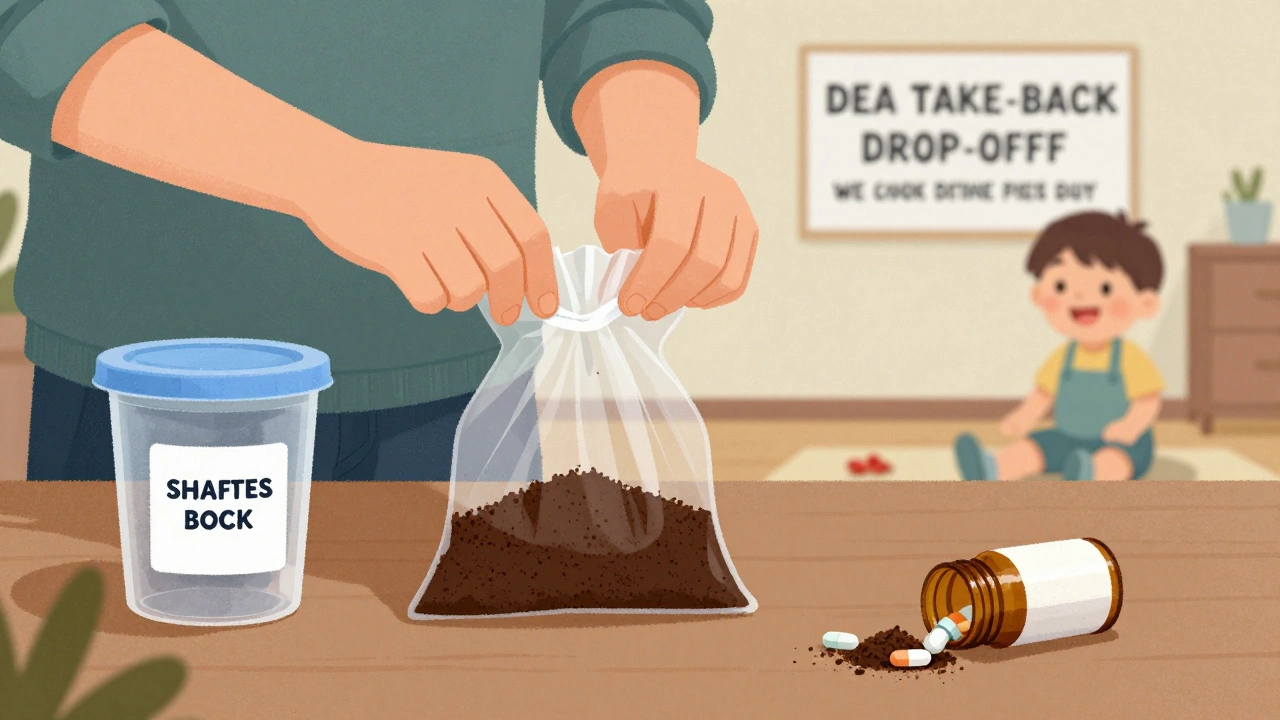 Expiredd pills mixed with coffee grounds in a sealed bag, next to a sharps container and safe disposal sign.