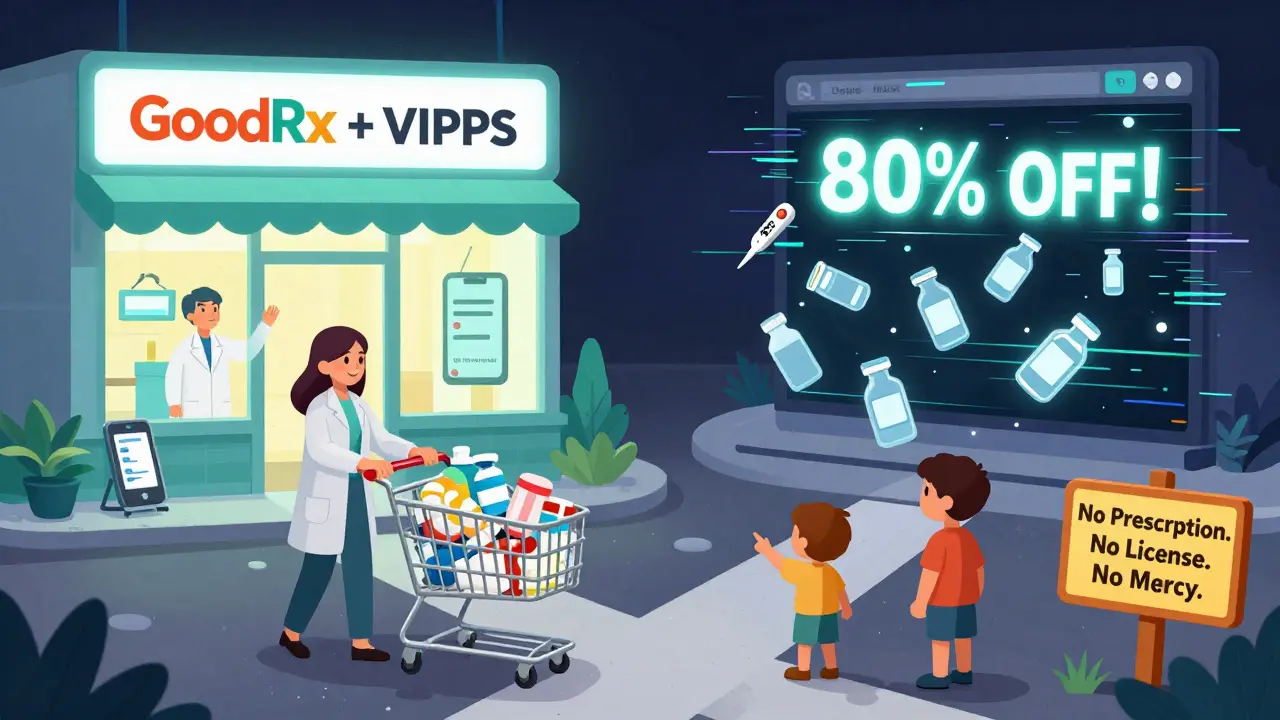 Family choosing between a safe, verified pharmacy and a dangerous fake online site, with clear visual cues for safety.