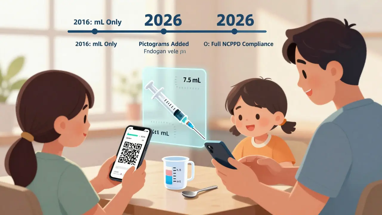 Family scanning QR code on medicine bottle, animated dosing video appears, precise syringe on counter